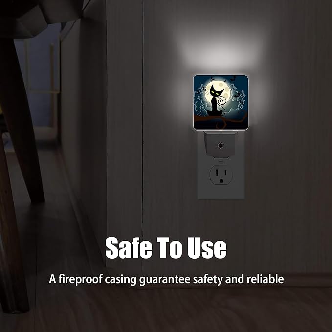 Black Cat Fantasy Halloween Night Light, Full Moon Bats Night Lights Plug into Wall Decorations for Bedroom, Bathroom, Kitchen, Dusk to Dawn Sensor Nightlights for Boys Girls Women Men Room Gifts