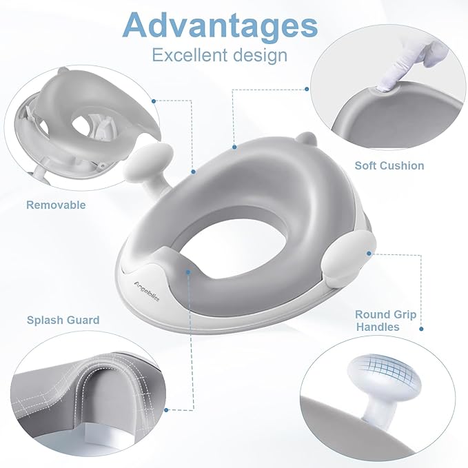 ANGELBLISS Baby Potty Training Toilet Seat with Soft Cushion Handles, Haute Collection, Double Anti-Slip Design and Splash Guard for Boys and Girls (Grey)