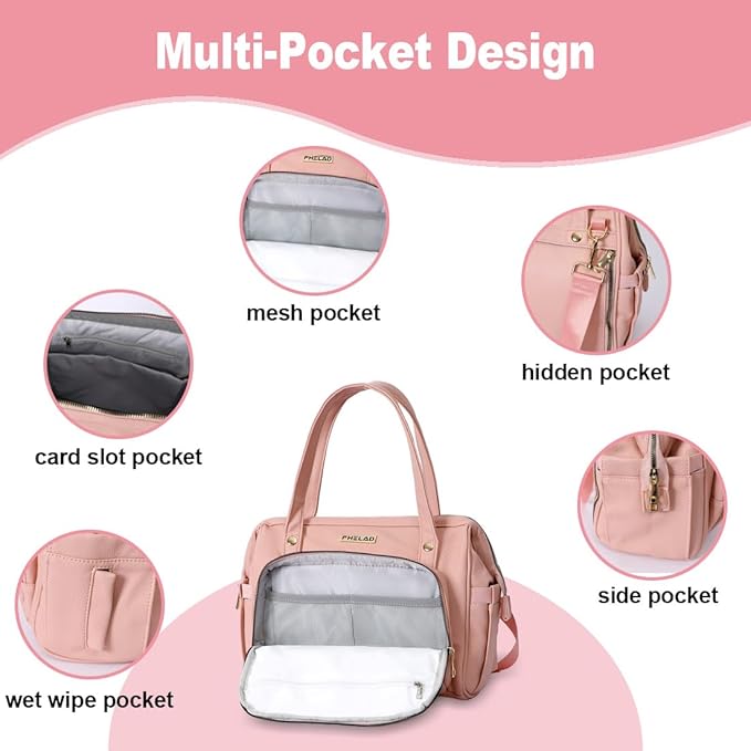Diaper Bag Tote, with 12 Pocket Mom Bag, 16" Large Leather Baby Bags Convenient to Carry Diapers, Wet Wipes, and Bottles (Pink)