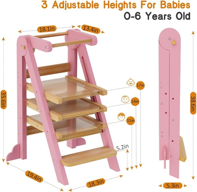Toddler Tower, Step Stool for Toddlers, Toddler Kitchen Stool Helper with 3 Adjustable Height Safty Rail and Anti-Tip Structure, Learning Tower for Toddlers Baby Kids