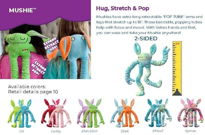 Mushies Stretchable Pop Tube Toy – Extra-Long 18" Retractable Arms/Legs, Hook and Loop Hands/Feet – Wearable, Bendable Fidget for Focus, Mood & On-The-Go Fun