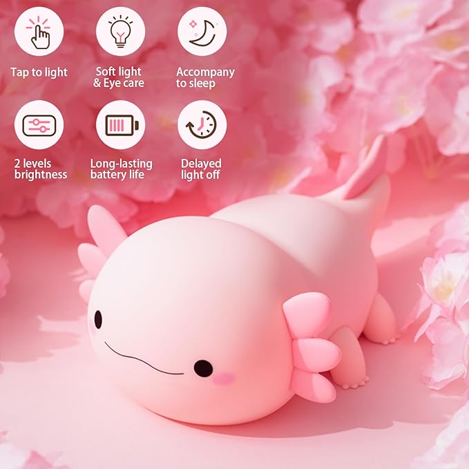 Cute Axolotl Night Light, LED Squishy Night Lamp, Dimmable Nursery Nightlight for Kids, Rechargeable Timer Touch Lamp, Dorm Decor, Kids Funny Gifts (Axolotl)