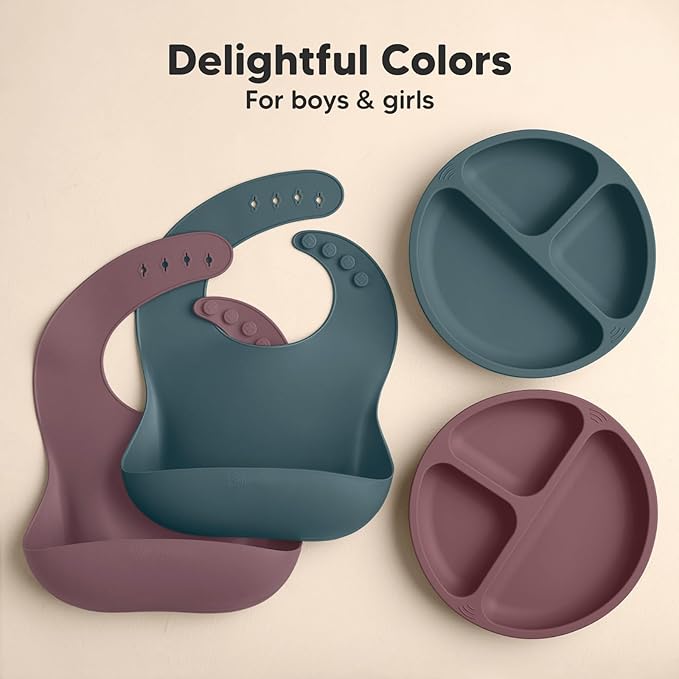 KeaBabies 2-Pack Silicone Baby Bibs for Eating - Sturdy Food-Grade Silicone Bibs for Babies Girl, Boy, Large Food Catcher, Clean & Put On Easily, Waterproof Toddler Feeding Essentials (Rocky)