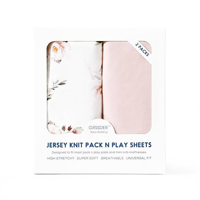 Stretchy Ultra Soft Jersey Knit Fitted Pack n Play Sheets Set 2 Pack, Portable/Mini Crib Sheets for Girls, Universal Fit for Pack N Plays Safe and Snug, Pink Rose Print