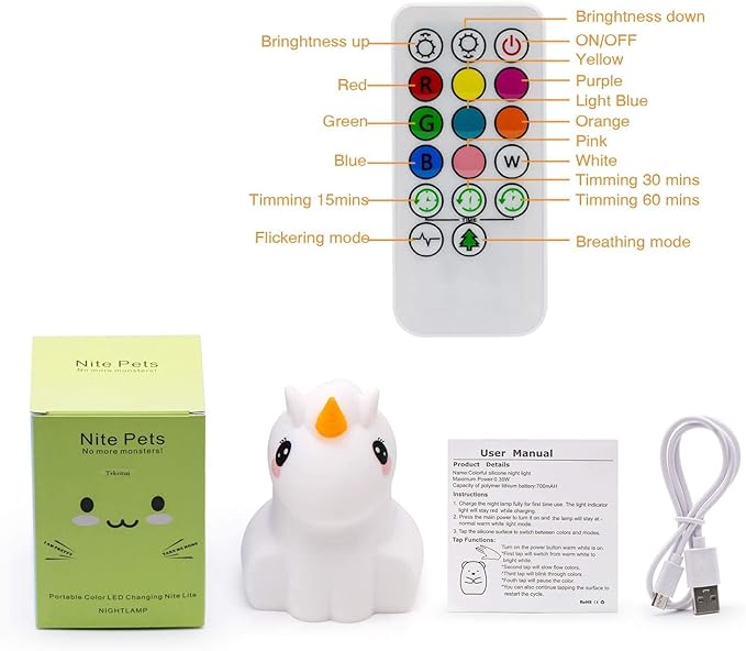 Night Light Kids, Safe Soft Silicone Bedside Lamp, Baby Nursery Lamp, 9 Colors with Remote Control, USB Rechargeable LED Multicolor Lamp for Children/Bedroom/Child Gift - Medium Unicorn