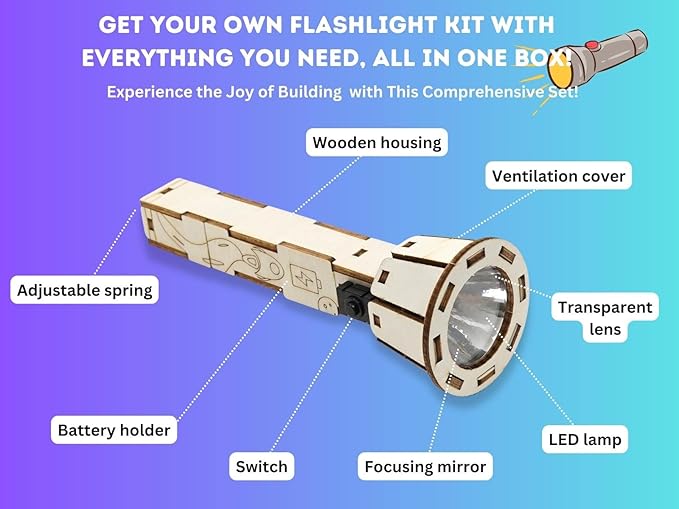 DIY Wooden Flashlight STEM Kit for Kids Aged 8-12 | Battery-Operated Educational Science Experiment Kit with Built-in Switch