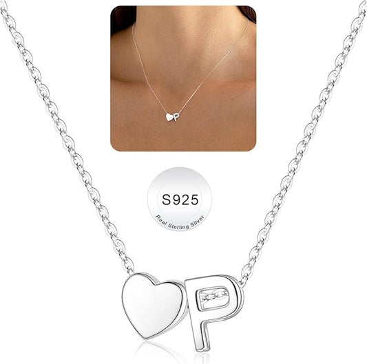 Turandoss S925 Sterling Silver Heart Initial Necklaces for Girls Teen Girls, Dainty S925 Sterling Silver Tiny Heart Initial Necklace Letter Necklaces Trendy Jewelry Gifts for Girls Teen Girls