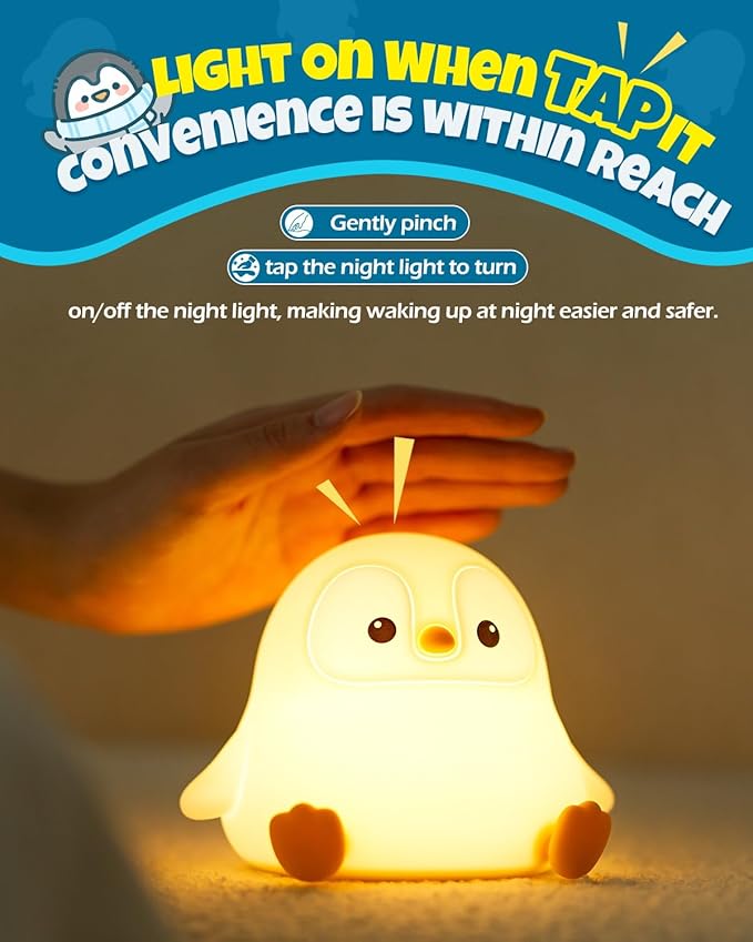 Cute Penguin Night Light, Animal Lamp, Food Grade Silicone, Rechargeable, 2 Level Dimmable, Squishy Nursery Nightlight for Desk Decor, Funny Gifts Stuff for Boys Girls Baby, White Elephant Gifts