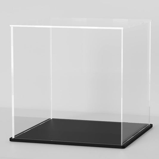 10 Inch Clear Acrylic Display Case, Cube Acrylic Box for Collectibles Showcase, Plexiglass Case with Matt Black Stand for Toys, Arts and Figures
