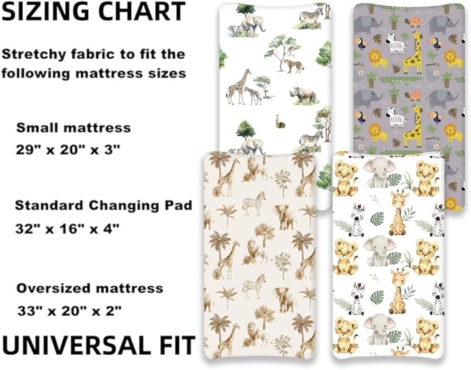 4 Pack Safari Jungle Animals Neutral Unisex Fitted Nursery Baby Sheets Set Toddler Mattress Sheets for Baby Boys or Girls (Changing Pad Cover)