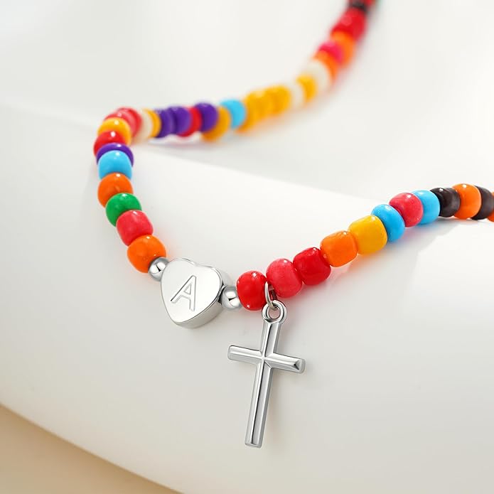 Colorful Initial Necklaces for Girls Women Kids - Teen Girls Gifts Trendy Cross Cross Beaded Initial Necklace Dainty Letter Gifts Choker Necklace for Girl Jewelry