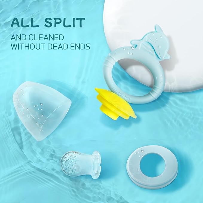 Baby Solids/Frozen Fruit Feeder Pacifier, Infant Teether Toy 4M+, BPA-Free Silicone Pouch & Nipple, Safely Introduce Solids, Teething Relief, 2-Pack (Dolphin - Blue Pink)