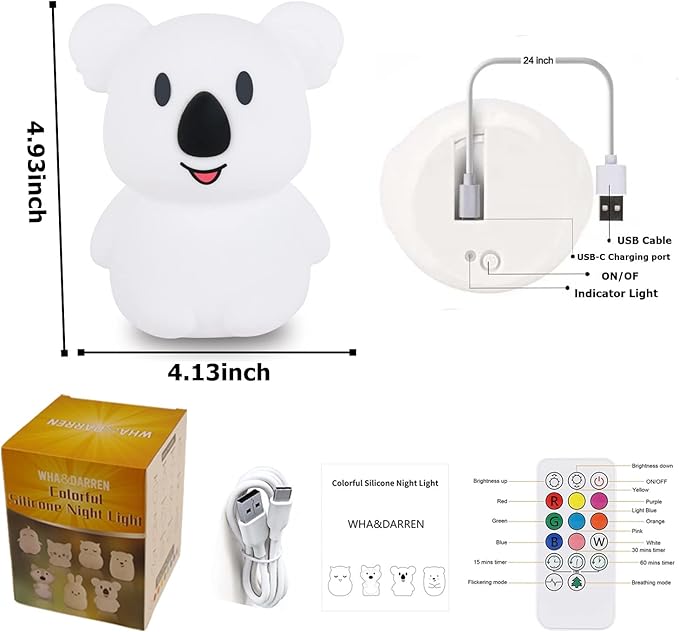 WHA&DARREN Koala Night Light for Kids, Silicone Bedside Lamp, Baby Nursery Light, Children Night Lights, Squishy Night Light for Kids Room,Kawaii Lamp, Animal Night Lights for Girls and Boys