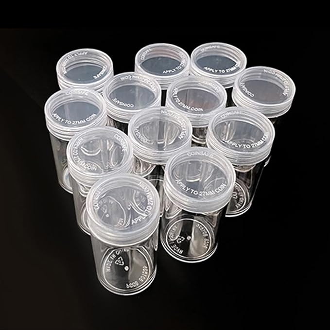 12 Pcs Round Plastic Coin Tubes with Box, Cent Nickel Dime Storage Tubes with Lid, Quarter Dollar Storage Holders Containers Coin Collecting Supplies