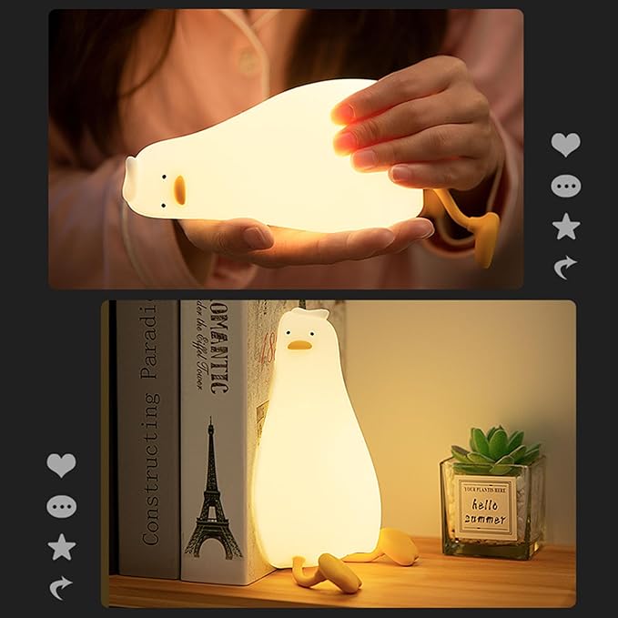 HAPPYBAG Cute Lying Flat Duck Night Light,Voice Control Fun Duck Lamp,LED Squishy Duck Light Soft Silicone Dimmable Nursery Nightlight Rechargeable Bedside Touch Lamp Baby Kids Room Decor