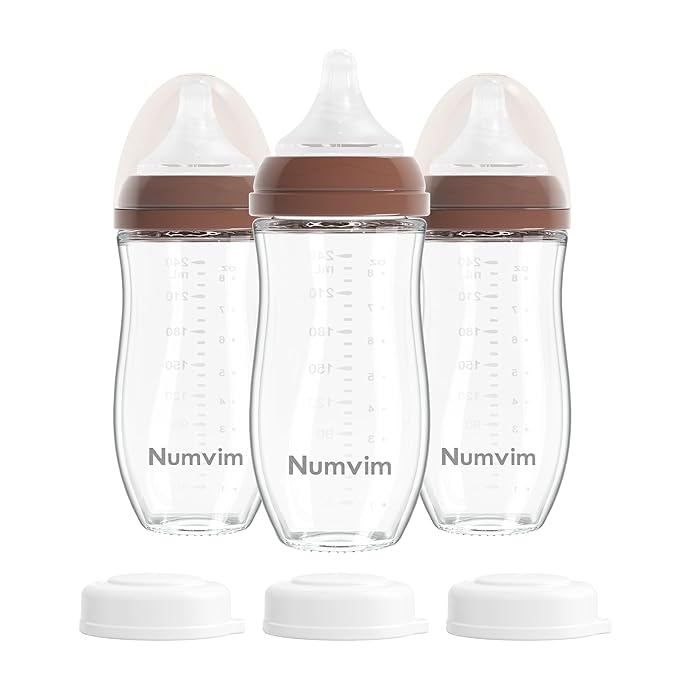 Natural Glass Baby Bottles Gentle & Extra Slow Flow, Newborn Breastfeeding Bottle with Anti Colic Nipple for 0 Months Babies, 3 Packs (Brown (8 Ounce), 1 Count (Pack of 3))
