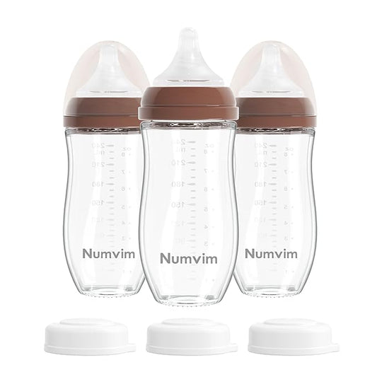 Natural Glass Baby Bottles Gentle & Extra Slow Flow, Newborn Breastfeeding Bottle with Anti Colic Nipple for 0 Months Babies, 3 Packs (Brown (8 Ounce), 1 Count (Pack of 3))