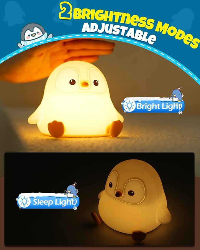 Cute Penguin Night Light, Animal Lamp, Food Grade Silicone, Rechargeable, 2 Level Dimmable, Squishy Nursery Nightlight for Desk Decor, Funny Gifts Stuff for Boys Girls Baby, White Elephant Gifts