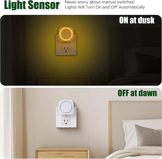 LED Night Lights Plug in to Wall,[4-Pack]Plug in Night Light,Auto Dusk to Dawn Sensor,Dimmable night light, energy efficient night lights,Soft Glow for Nursery,Bathroom,Hallway,Bedrooms,Amber