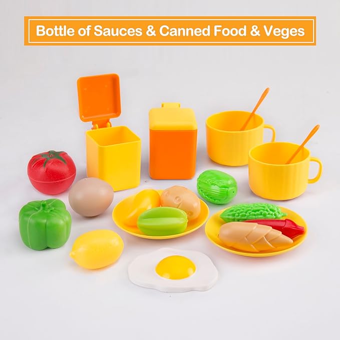 118Pcs Mini Play Kitchen Accessories for Kids, Pretend Cooking Playset with Cookware, Tableware & 2 Fruit Sets, Learning Gift for Girls, Boys, Toddlers, Yellow