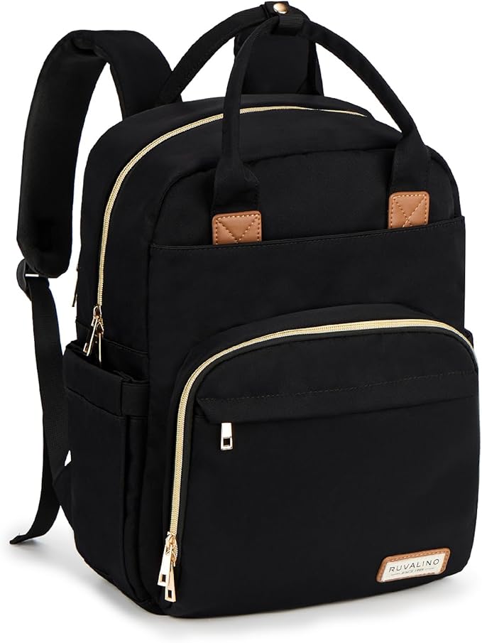 RUVALINO Diaper Bag Backpack, Multifunction Travel Pack Maternity Baby Changing Bags, Large Capacity, Waterproof, Deep Black, Polyester