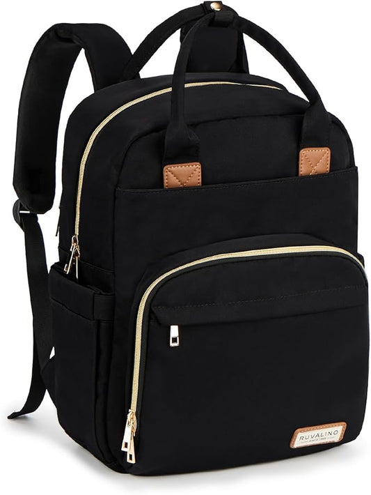 RUVALINO Diaper Bag Backpack, Multifunction Travel Pack Maternity Baby Changing Bags, Large Capacity, Waterproof, Deep Black, Polyester