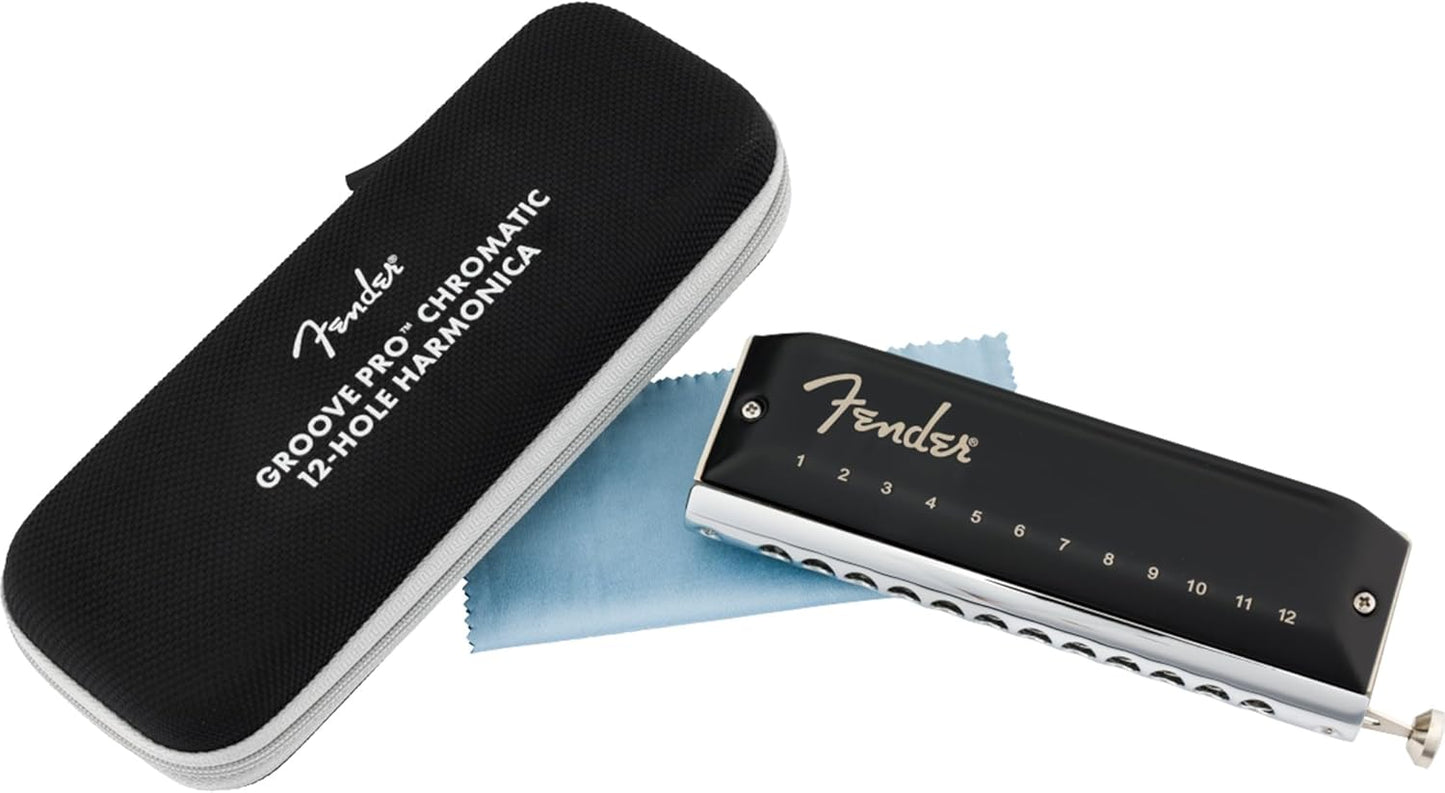 Fender Groove Pro Chromatic 12-Hole Harmonica - Key of C Bundle with Case, Polishing Cloth, and Austin Bazaar Instructional Manual