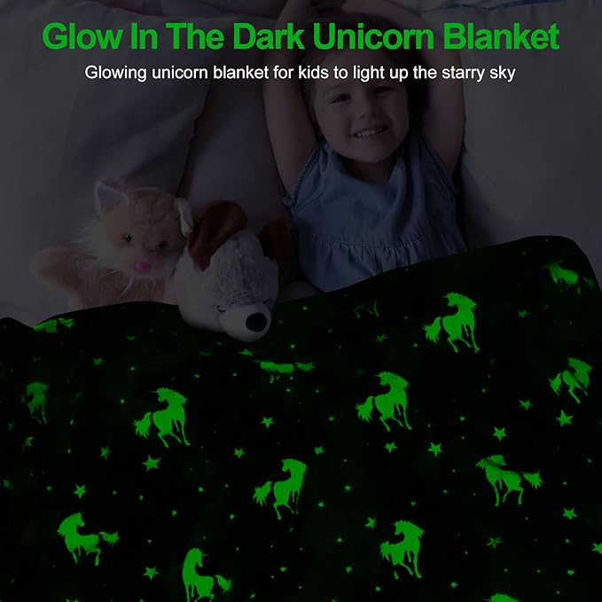 Unicorn Glow in The Dark Blanket for Girls/Kids, Soft Fleece Blanket Throw 50"x60" for Toddlers to Tweens
