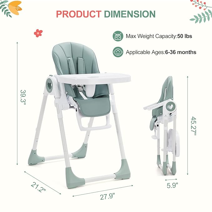 Foldable High Chairs for Babies and Toddlers, Adjustable Infant Baby Chair with Removable Tray and Non-Slip Foot Pads, Highchair for Children Aged 6 to 36 Months, Green