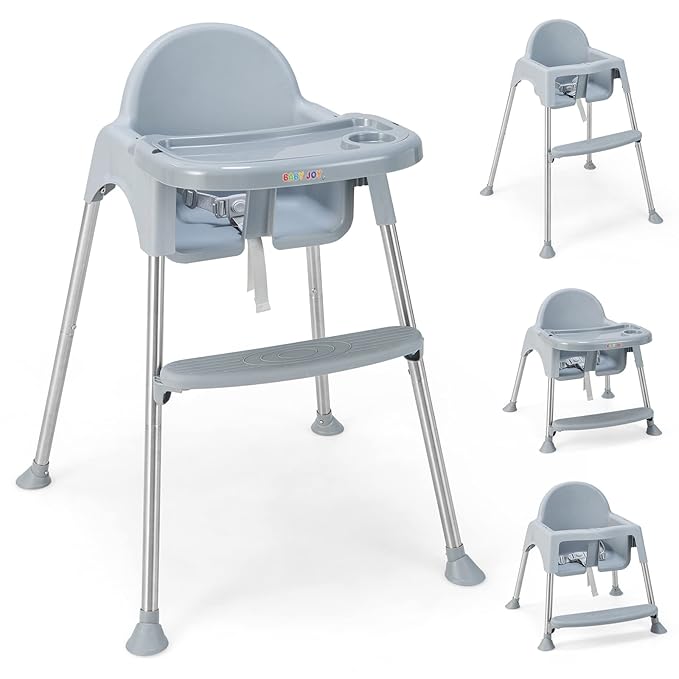 BABY JOY Baby High Chair, 4 in 1 Convertible High Chair with Adjustable Legs, Double Removable Tray, Safety Harness & Footrest, for 6-36 Months Babies & Toddlers (Gray)