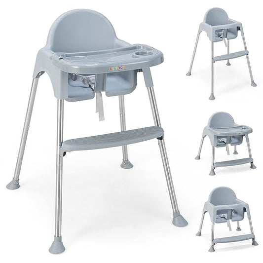 BABY JOY Baby High Chair, 4 in 1 Convertible High Chair with Adjustable Legs, Double Removable Tray, Safety Harness & Footrest, for 6-36 Months Babies & Toddlers (Gray)