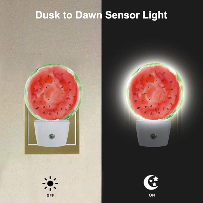 EKOBLA Summer Fruits Design Plug-in Nightlights Watermelon with Black Seeds Red Slice Night Lights Plug into Wall Auto Sensor Led Lamp Funny Nightlight for Men Women Boys Girls