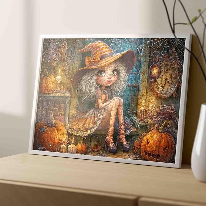 1000 Piece Halloween Puzzle for Adults Cute Girl Witch Art Jigsaw Puzzle Spooky Pumpkin Witch Hat Puzzles Challenging Aesthetic Fall Puzzle for Family Game Nights Rustic Halloween Decor Gifts