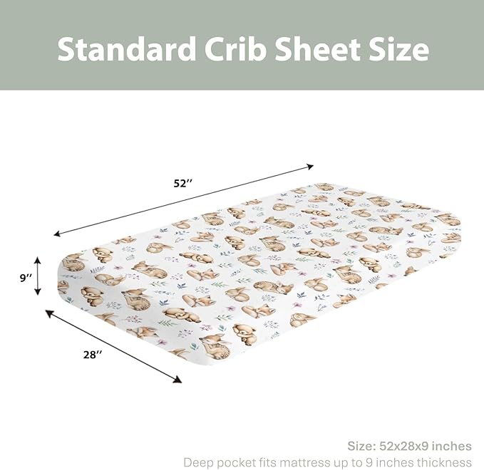 Sleeping Spring Animals Baby Crib Sheets Boy Girl 28"x52" Bear Deer Bunny Floral Leaves Soft Snug Fitted Crib Mattress Cover Cute Animals Baby Sheet for Standard Crib & Toddler Mattress
