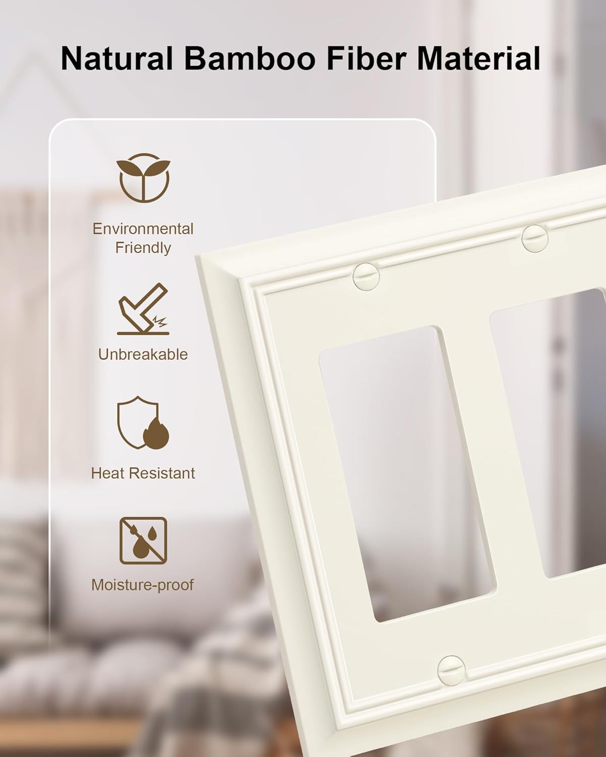 2-Pack Decorative Double Decorator Outlet Cover Plate, Light Almond Durable Natural Bamboo Fiber Wall Plates for Electrical Outlets, Receptacle, GFCI Outlet, Dimmer Switch, 2-Gang, Corrosion Resistant