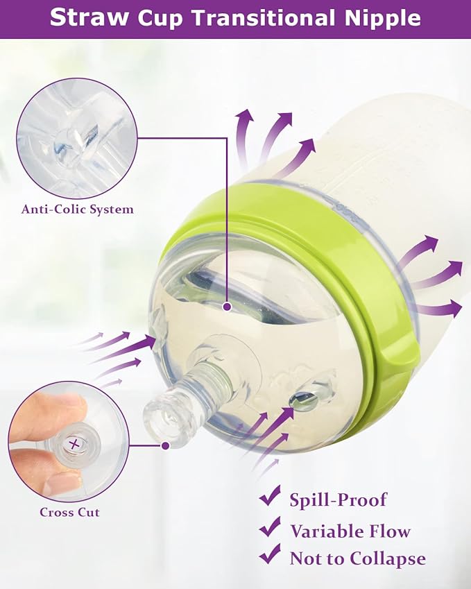 Sippy Straw Cup Nipples for Comotomo Baby Bottles,Food Grade Silicone Straw Top，Variable Flow Soft Nipple，6m+,4-Count