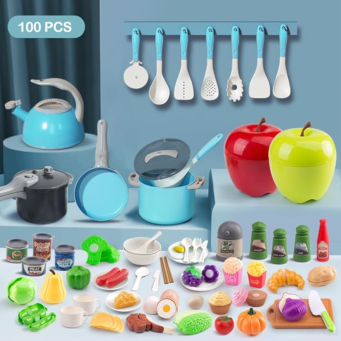 100Pcs Kitchen Playset, Kids Pretend Cooking Play Pots, Pans, Utensils, Cookware, Toy Food Fruits Veggies, with 2 Large Apple - Shaped Storage, Toddler Cooking Learning Gift (Turquoise)
