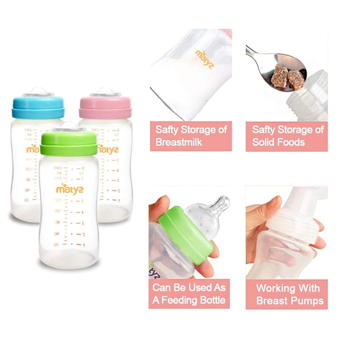 Matyz 6-PACK Breast Milk Storage Bottles (8 Ounce, 3 Colors) - Wide Neck Breastmilk Collection and Storage Bottle - Formula Storage Bottles Compatible With Medela Avent Spectra Pumps