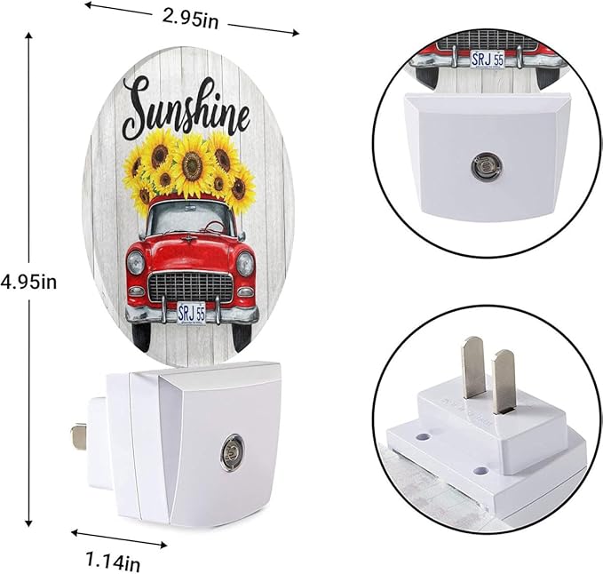 EKOBLA Autumn Harvest Night Light Red Car Truck with Sunflowers Plug in Nightlights Dusk to Dawn Sensor LED Lighting for Bedroom Bathroom Stairway Kitchen Home Decor