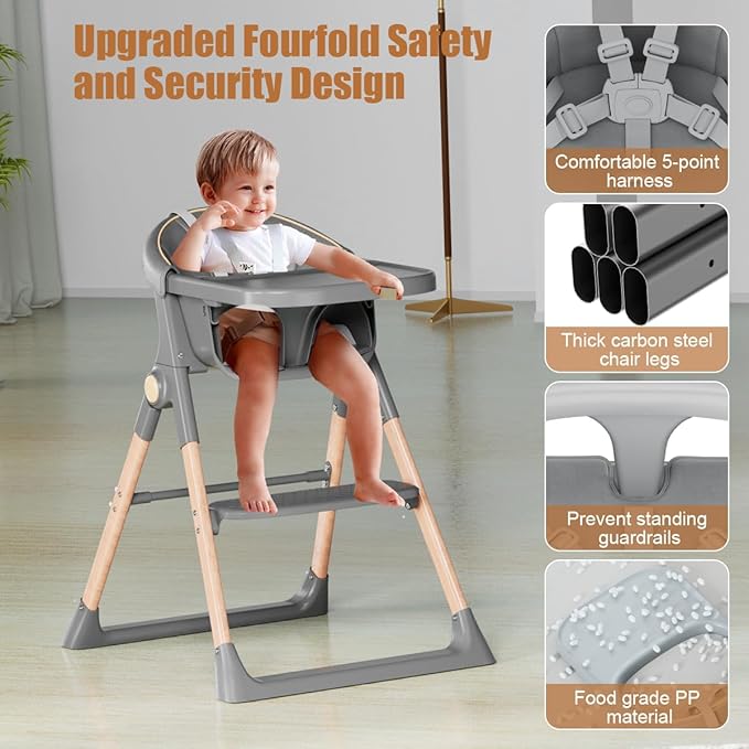 Baby High Chair, High Chairs for Babies and Toddlers, Convertible Folding High Chair with Wheels, Removable Tray 5 Point Harness Footrest Detachable PU Cushion, Portable Highchair for Baby Toddlers