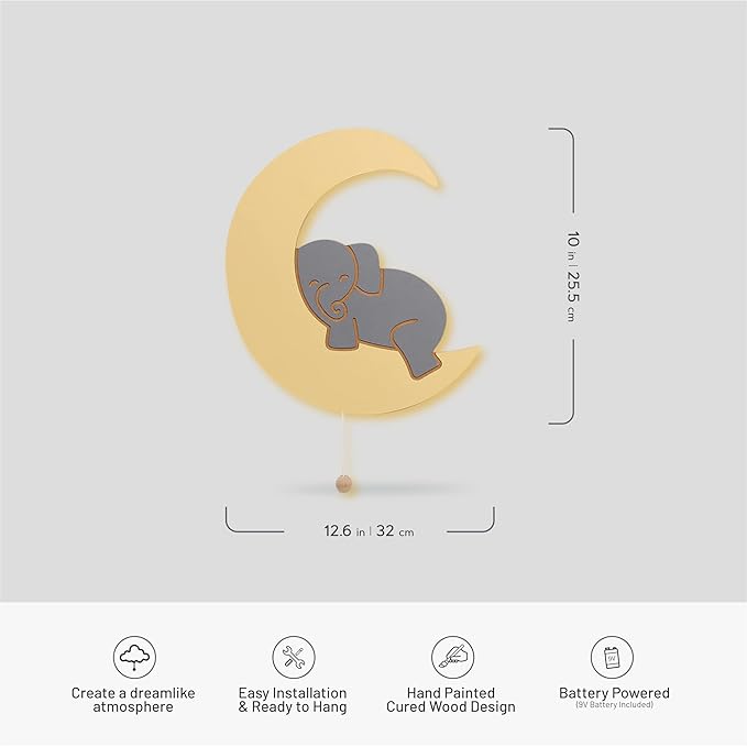 Lumipets Lighted Elephant on Moon, Nursery Night Light, Wall Mounted Lighted, Battery Operated Cloud Light Sign–Lightweight Moon Night Light for Babies, Toddlers, Kids
