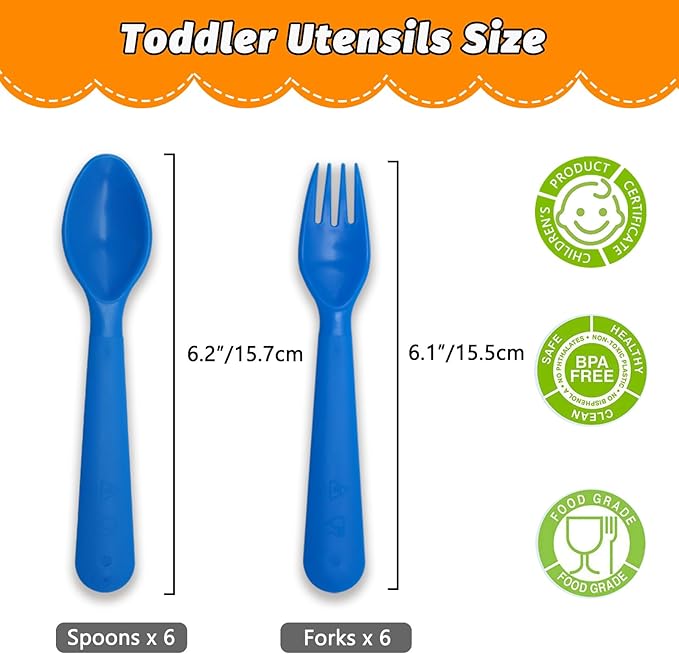 12 Pcs Kids Spoons and Forks Toddler Utensils Plastics Reusable Silverware Baby Cutlery Set Feeding Dinnerware Utensils BPA Free Microwave Dishwasher and Freezer Safe- Blue
