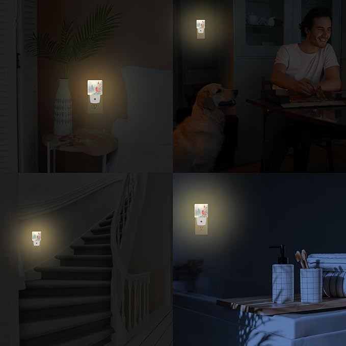 Red Birds Night Light Winter Cardinal Birds Plug in Night Lights LED Lamp with Dusk to Dawn Sensor Auto Energy Saving Square Lights for Bedroom Bathroom Hallway Home Wall Decor Nightlight