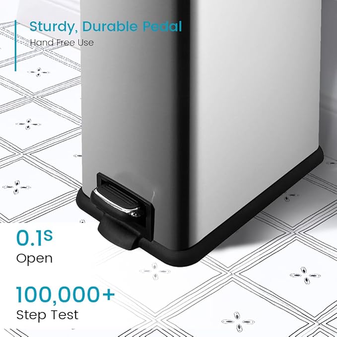 12 Gallon Trash Can with Lid，45L Kitchen Garbage Can,Stainless Steel Trash Can for Narrow Spaces with Soft-Close Lid, Inner Bucket, and Step-on Pedal