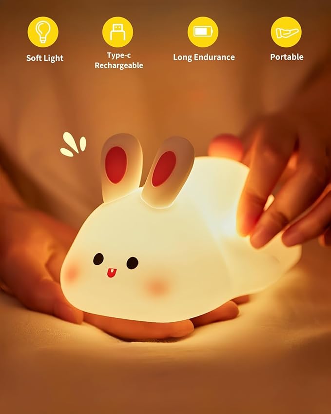 Big Face Rabbit Night Light, Cute Bunny Gifts, Silicone Squishy Rabbit Lamp, Rechargeable Dimmable Animal Nightlight, Baby Night Light for Nursery Breastfeeding Bedroom Living Room