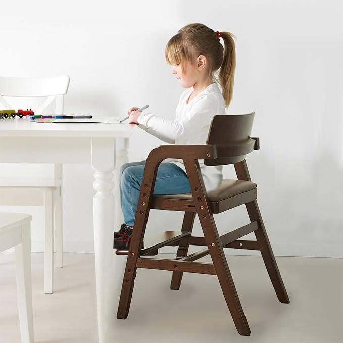 Wooden High Chair for Babies & Toddlers, Adjustable Kids Dining Chair with Removable Cushion (Walnut)