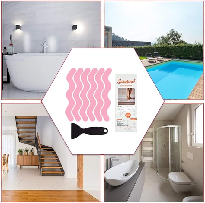 Patented Anti Slip Shower Stickers 24 PCS Safety Bathtub Strips Adhesive Decals with Premium Scraper for Bath Tub Shower Stairs Ladders Boats (Pink)