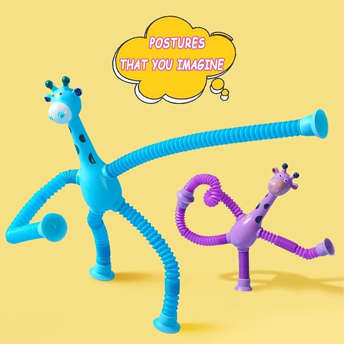 4 Pcs Telescopic Suction Cup Giraffe Toy, Funny Pop Tubes Sensory Toy for Toddlers, Educational Fidget Toys Basket Stocking Stuffer for Anxiety Kids for 3 4 5 6 7 8 9 Year Old Boy Girl