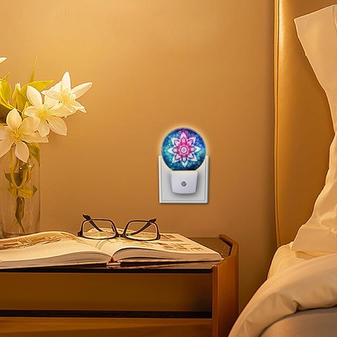 Round LED Night Lights Lamp with Dusk to Dawn Sensor, Mandala Flower with Pink and Blue Colors Night Light Plug Into Wall for Kids Room, Bedroom, Bathroom, Kitchen, Hallway