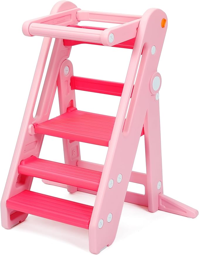 Onasti Toddler Tower Kitchen Stool Helper, Foldable & Adjustable Height Kids Learning Stool for Kitchen Counter Bathroom Sink, Child Ladder for Toddlers with Handles, Safty Rail, Non-Slip Pads - Pink